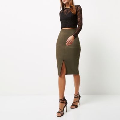 Khaki green faux suede pencil skirt